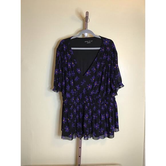 Ava & Viv floral frilly V-Neck lined Short Sleeve Shirt Sz 3X Black NWT - Picture 4 of 9